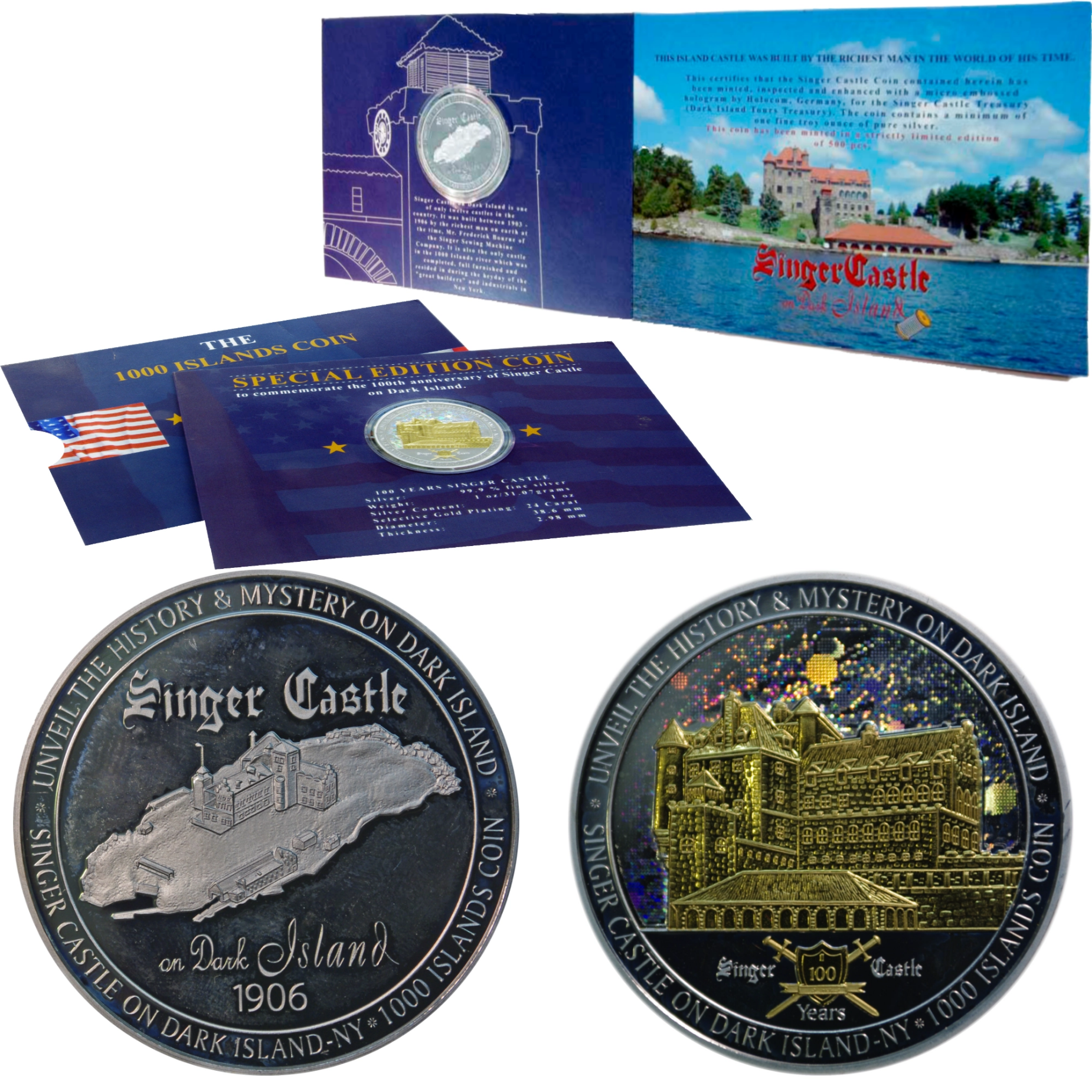 Silver coin with hologram commemorating the centenary of Singer Castle on Dark Island with Schober