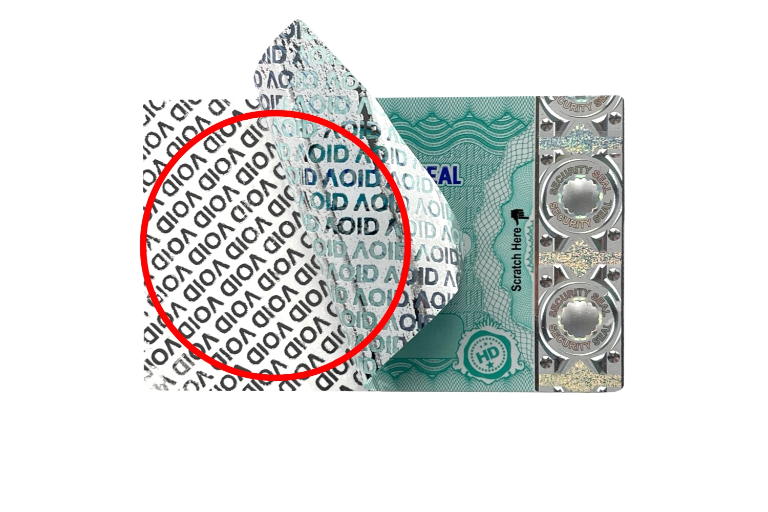 The Void Tamper Effect prevents the label from being reused due to self-destruction during removal attempts. A layer separation is carried out in the label, which causes the word VOID to appear on the substrate and in the label. The label is thus destroyed and cannot be reused.