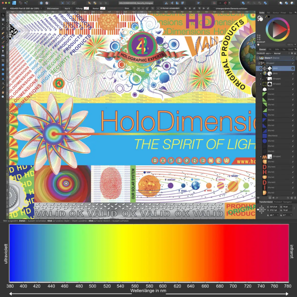 Hologram design with different colors in the wavelength of visible light