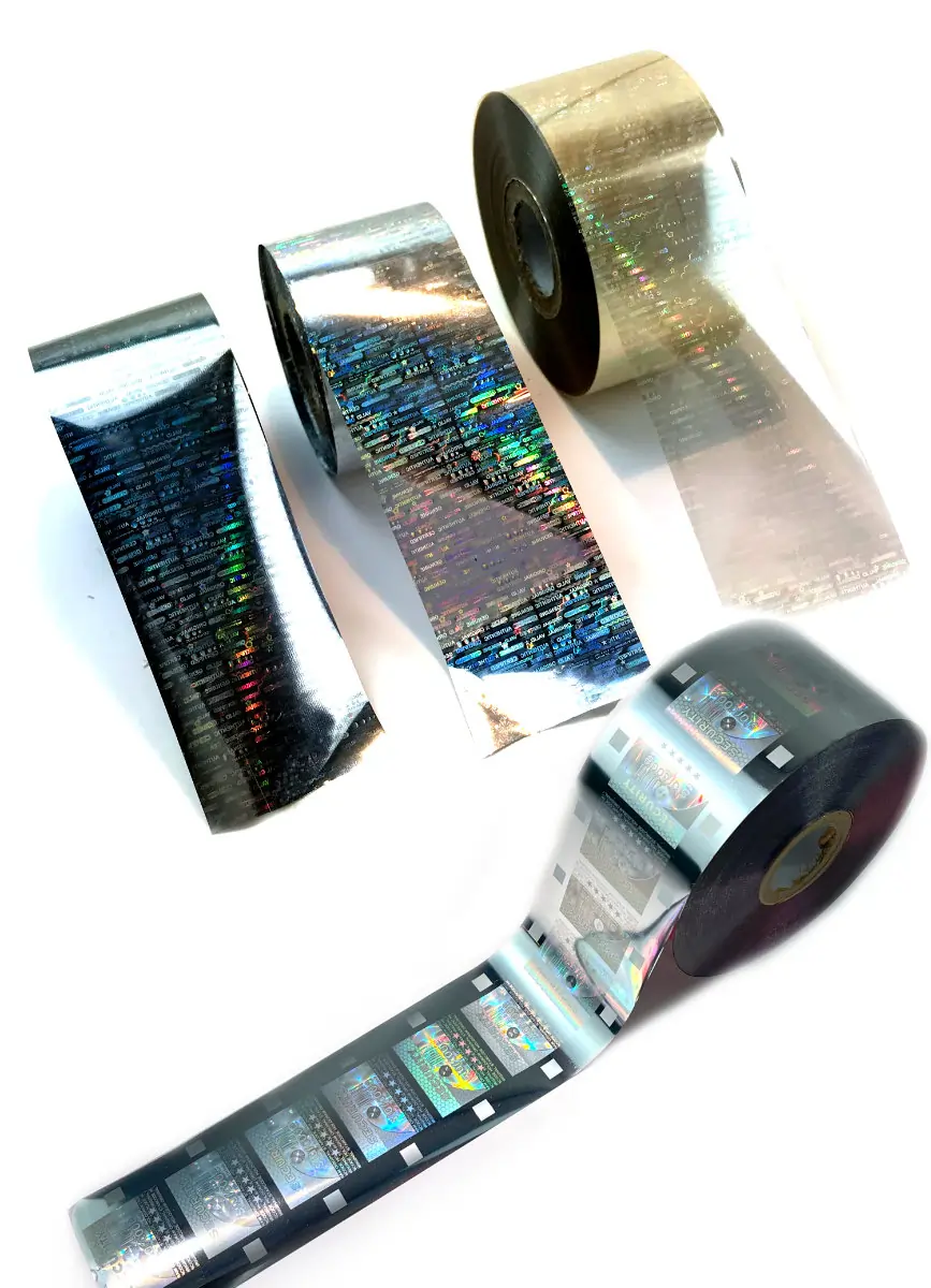 Customized transfer film with hologram seal is used in hot or cold transfer to permanently protect products against counterfeiting.
