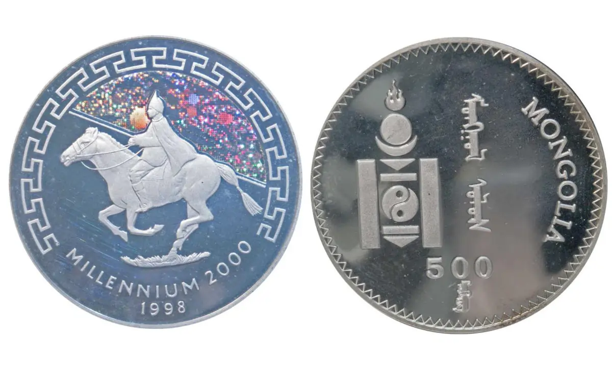 HOLOGRAPHIC CIRCULATION COIN "MILLENIUM" THE WORLD'S FIRST HOLOGRAPHIC CIRCULATION COIN, THE" MILLENIUM COIN" OF MONGOLIA