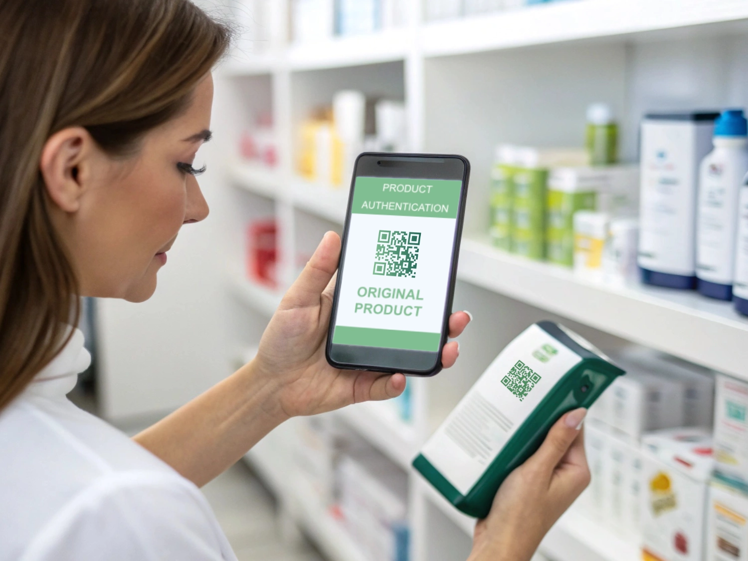 Eine Kundin scannt ein Produkt mit IHrem Handy und erhält die Nachricht "Original Product"
