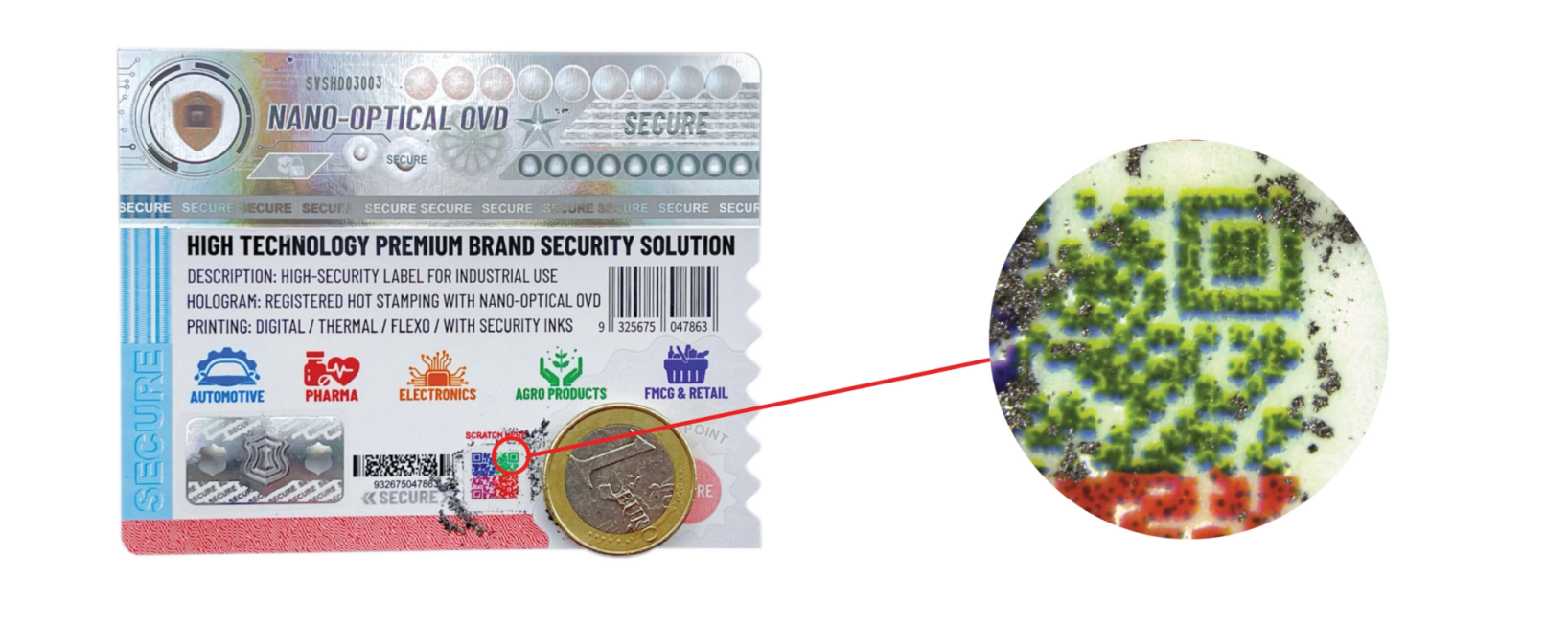 The Scratch Coating over fixed QR code is made with a special scratch-off ink that makes it possible to place hidden information behind a scratch-off field.
