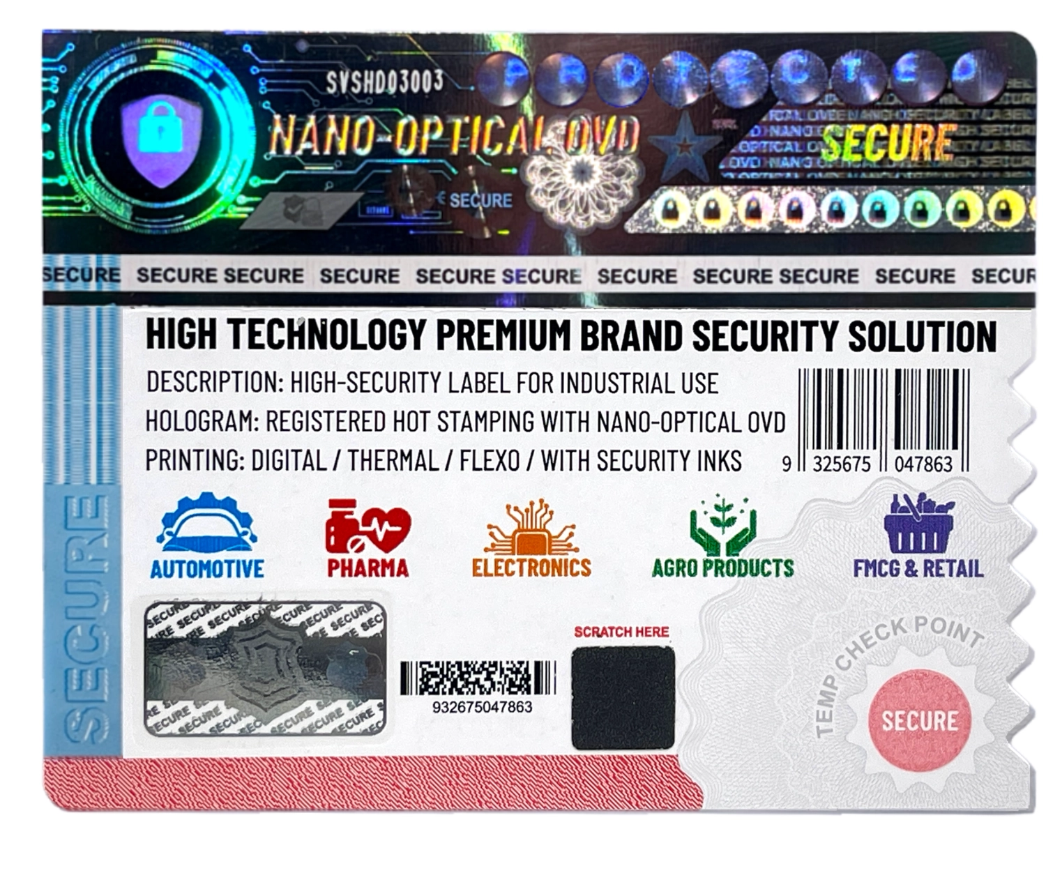 Security labels with hologram and security printing for product labeling, brand protection and maximum counterfeit protection in the label.