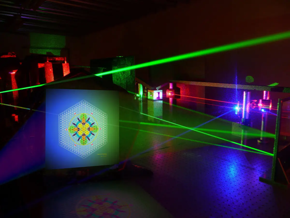 View into a master laboratory with laser beams and hologram