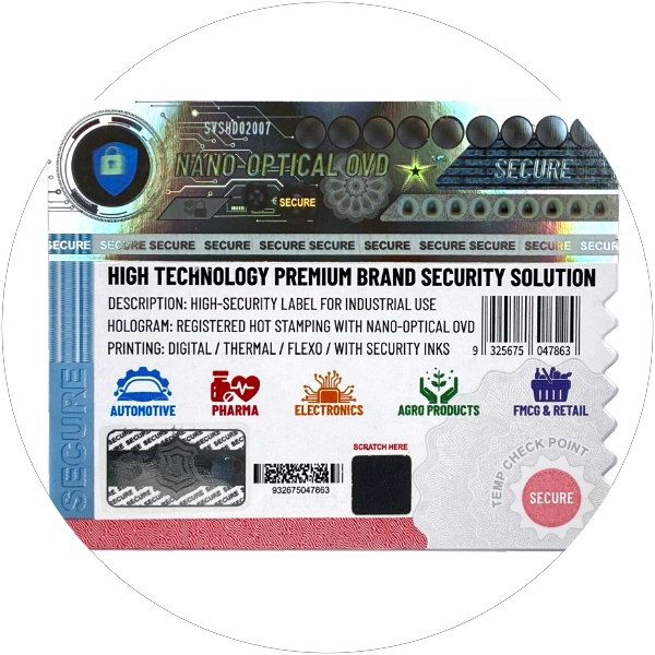 Security labels with hologram and security printing for product identification and maximum protection against counterfeiting.